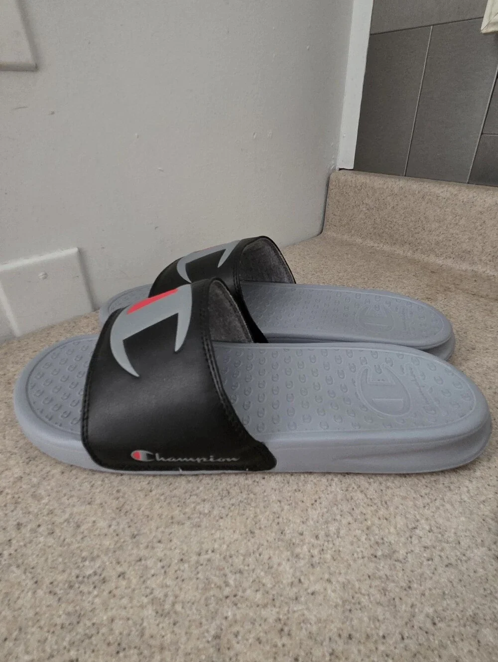 Champion IPO Men Large Logo Slides Sandals Flip Flops Size 8 Black White New